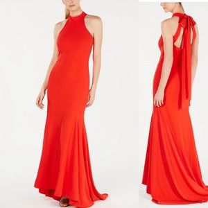 Calvin Klein Tie-Neck Halter Gown - Color Tango